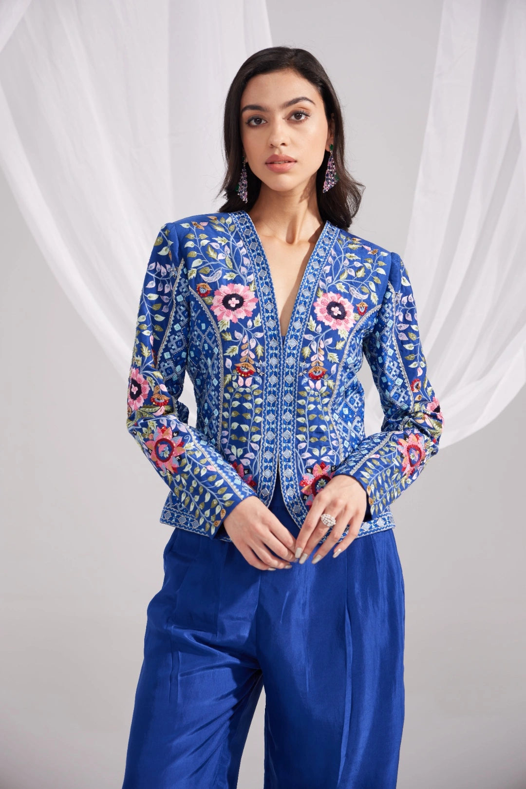 Buy Royal Blue Gardenia Embroidered Silk Jacket BETRUE Festive Wear BETRUE.official