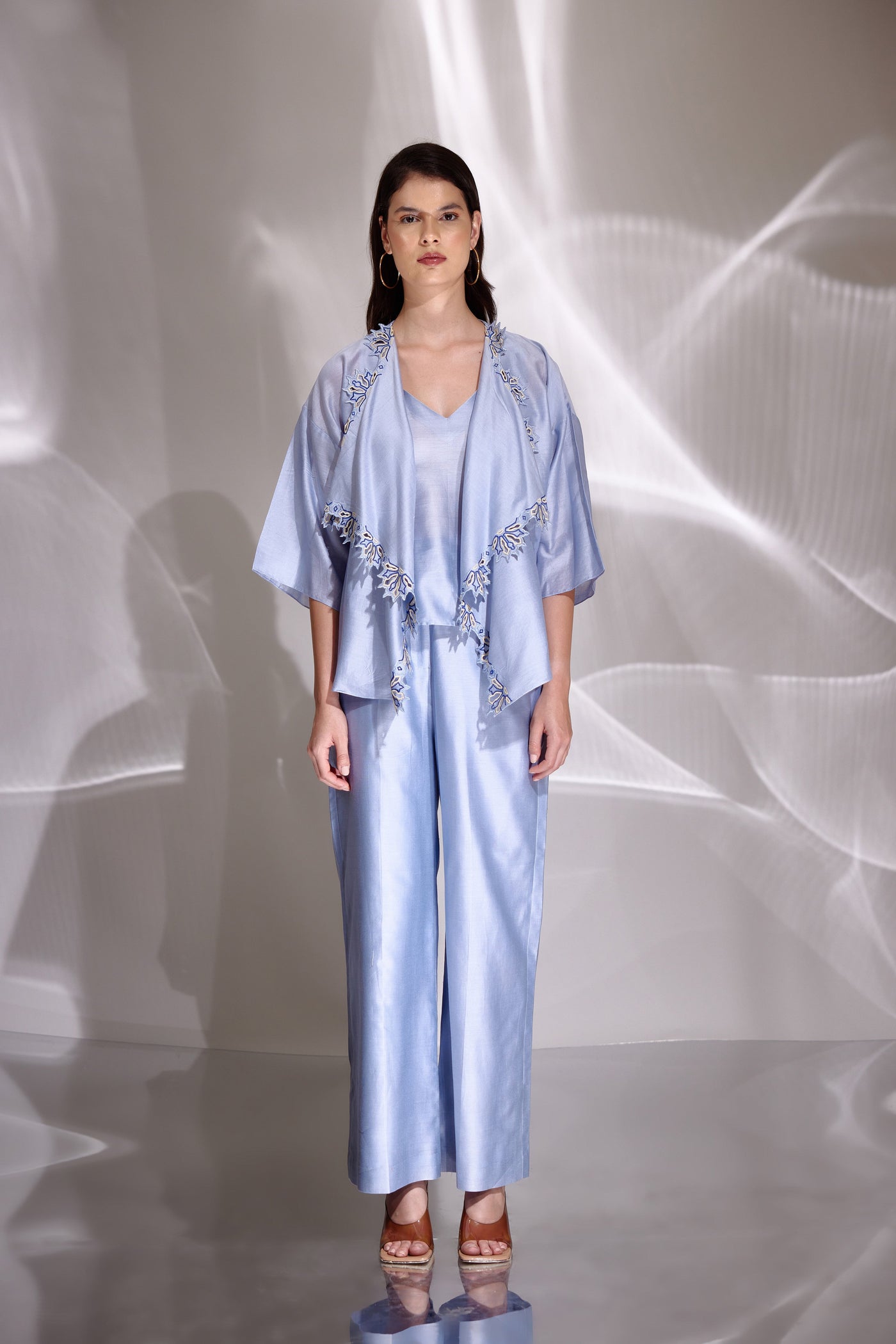 Sky Blue Chanderi Silk Embroidered Shacket & Pants Set