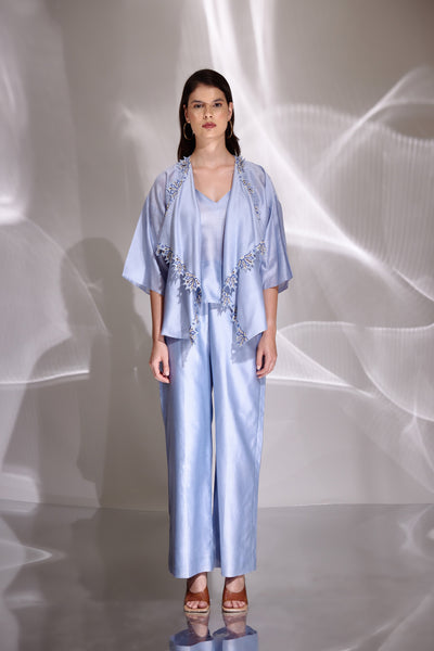 Sky Blue Chanderi Silk Embroidered Shacket & Pants Set