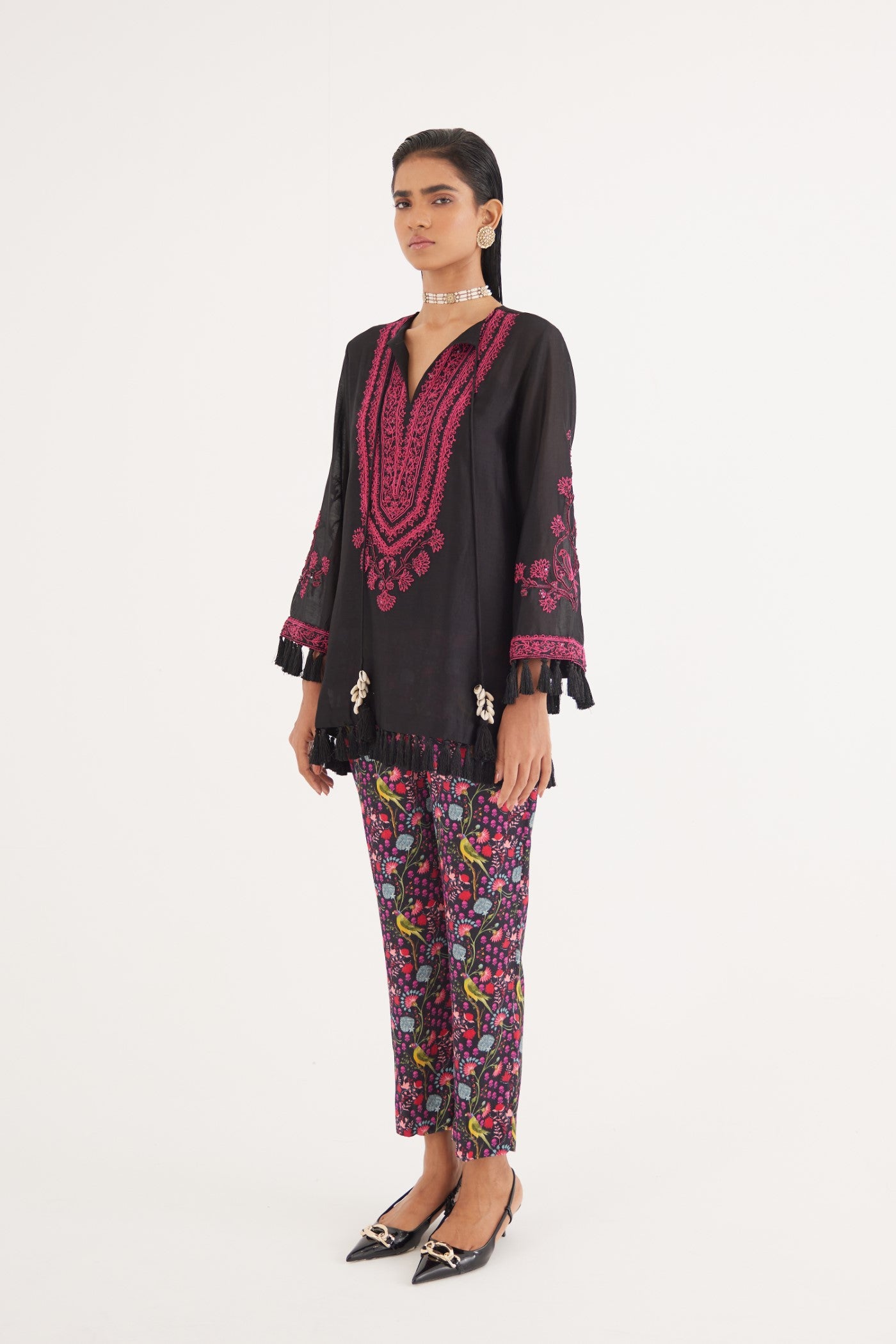 Black Silk Chanderi Embroidered kurta and Black Mashroo Parrot Print Pant, Black Mashroo Parrot Print Pant, Straight fit Ankle Length, Flared sleeves with tassels, Machine and Hand embroidered, Tassels details at sleeves, BeTrue, Be True