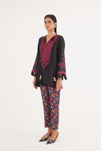 Black Silk Chanderi Embroidered kurta and Black Mashroo Parrot Print Pant, Black Mashroo Parrot Print Pant, Straight fit Ankle Length, Flared sleeves with tassels, Machine and Hand embroidered, Tassels details at sleeves, BeTrue, Be True