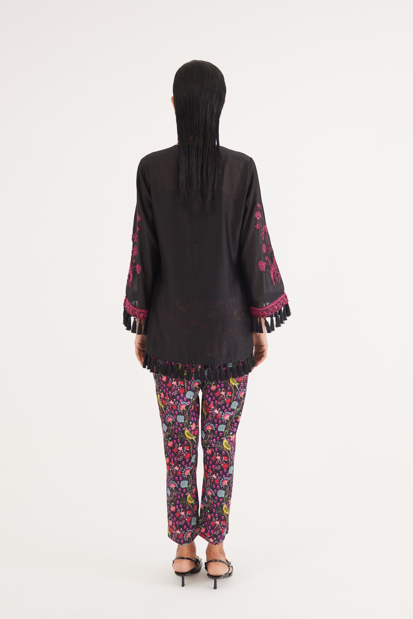 Black Silk Chanderi Embroidered kurta and Black Mashroo Parrot Print Pant, Black Mashroo Parrot Print Pant, Straight fit Ankle Length, Flared sleeves with tassels, Machine and Hand embroidered, Tassels details at sleeves, BeTrue, Be True