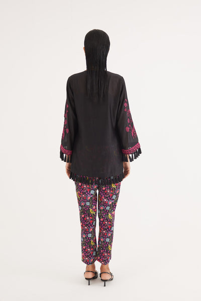 Black Silk Chanderi Embroidered kurta and Black Mashroo Parrot Print Pant, Black Mashroo Parrot Print Pant, Straight fit Ankle Length, Flared sleeves with tassels, Machine and Hand embroidered, Tassels details at sleeves, BeTrue, Be True