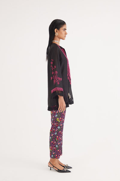Black Silk Chanderi Embroidered kurta and Black Mashroo Parrot Print Pant, Black Mashroo Parrot Print Pant, Straight fit Ankle Length, Flared sleeves with tassels, Machine and Hand embroidered, Tassels details at sleeves, BeTrue, Be True