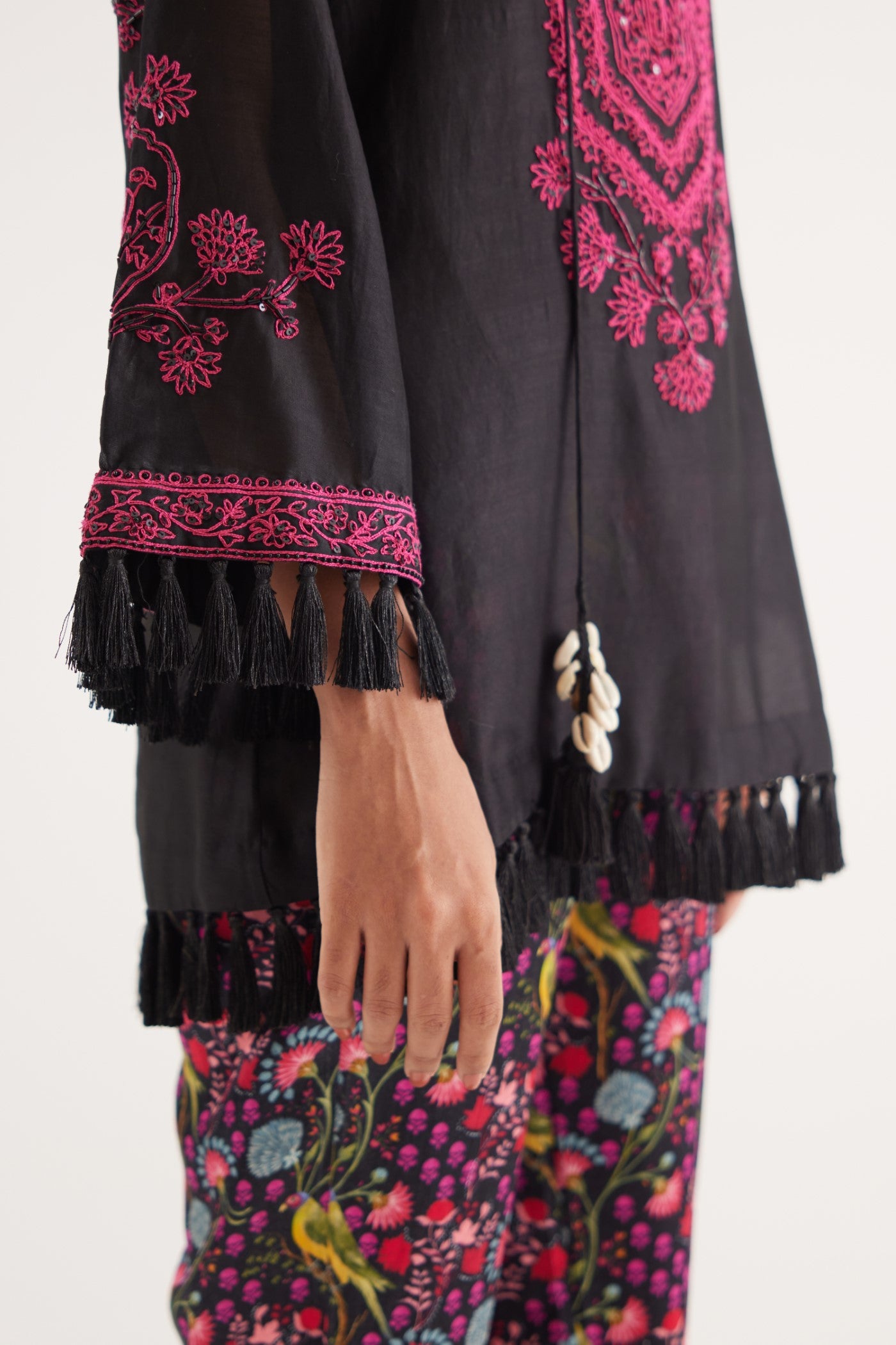 Black Silk Chanderi Embroidered kurta and Black Mashroo Parrot Print Pant, Black Mashroo Parrot Print Pant, Straight fit Ankle Length, Flared sleeves with tassels, Machine and Hand embroidered, Tassels details at sleeves, BeTrue, Be True
