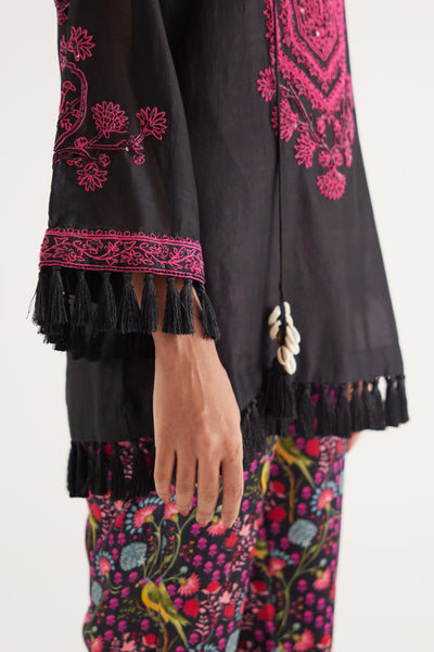 Black Silk Chanderi Embroidered kurta and Black Mashroo Parrot Print Pant, Black Mashroo Parrot Print Pant, Straight fit Ankle Length, Flared sleeves with tassels, Machine and Hand embroidered, Tassels details at sleeves, BeTrue, Be True