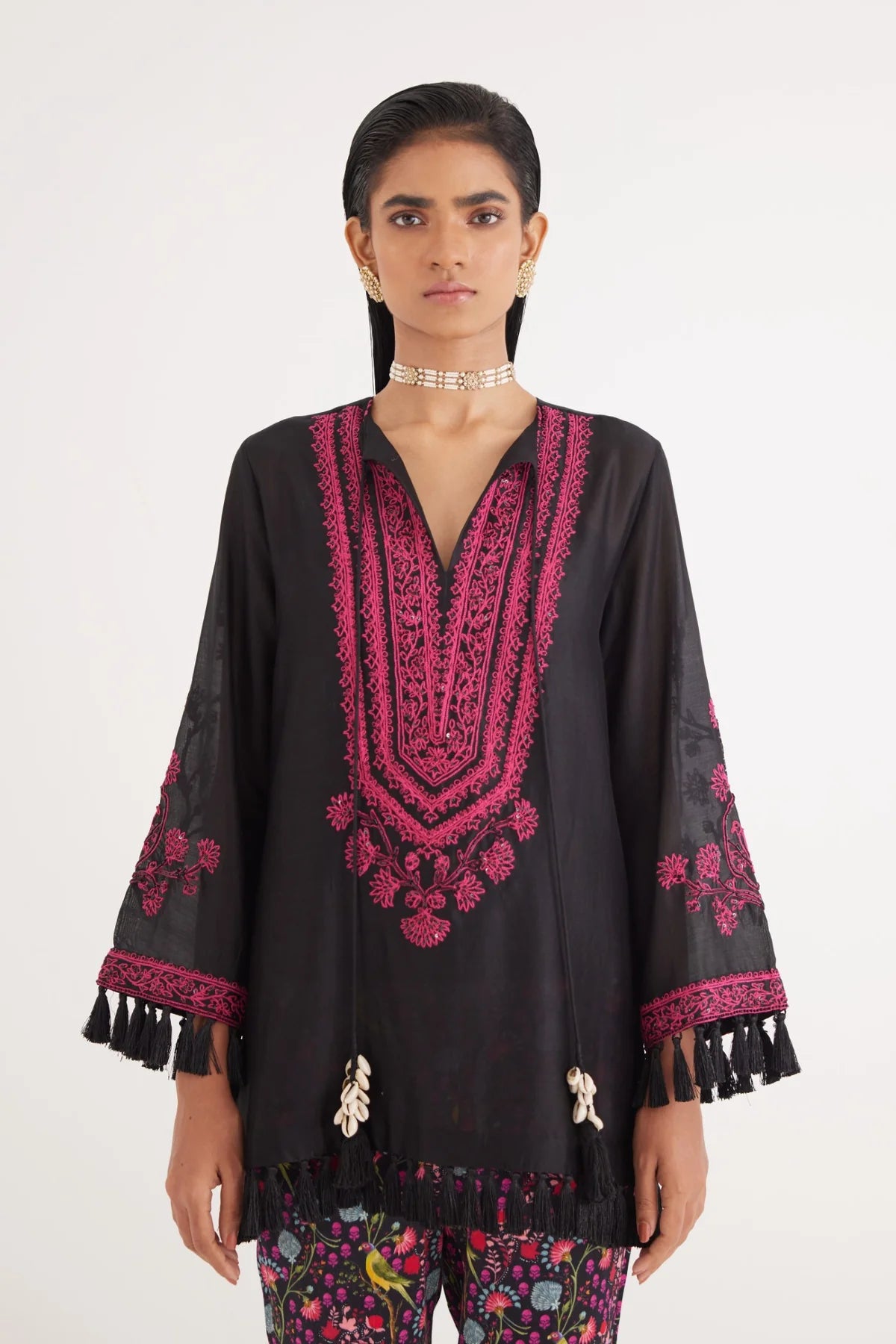 Black Silk Chanderi Embroidered Kurta and Black Mashroo Parrot Print Pant Set