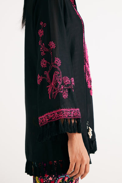Black Silk Chanderi Embroidered kurta and Black Mashroo Parrot Print Pant, Black Mashroo Parrot Print Pant, Straight fit Ankle Length, Flared sleeves with tassels, Machine and Hand embroidered, Tassels details at sleeves, BeTrue, Be True