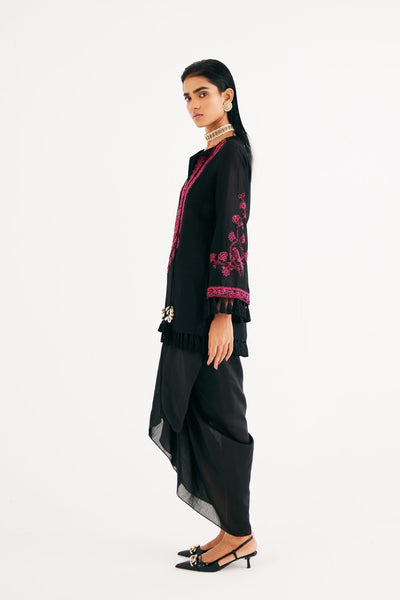Black Silk Chanderi Embroidered kurta and Drape Skirt, Black Silk Chanderi Drape Skirt, Flared sleeves with tassels, Machine and Hand embroidered, Tassels details at sleeves, BeTrue, Be True