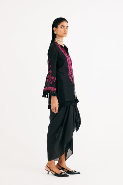 Black Silk Chanderi Embroidered kurta and Drape Skirt, Black Silk Chanderi Drape Skirt, Flared sleeves with tassels, Machine and Hand embroidered, Tassels details at sleeves, BeTrue, Be True