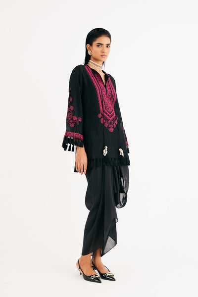 Black Silk Chanderi Embroidered kurta and Drape Skirt, Black Silk Chanderi Drape Skirt, Flared sleeves with tassels, Machine and Hand embroidered, Tassels details at sleeves, BeTrue, Be True