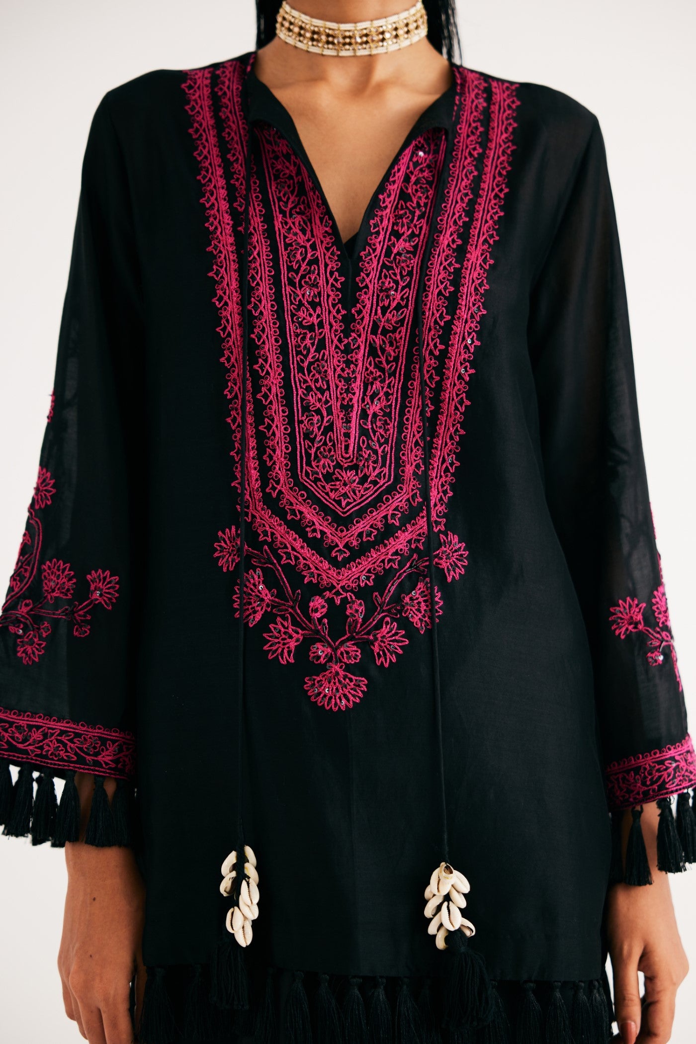 Black Silk Chanderi Embroidered kurta and Black Mashroo Parrot Print Pant, Black Mashroo Parrot Print Pant, Straight fit Ankle Length, Flared sleeves with tassels, Machine and Hand embroidered, Tassels details at sleeves, BeTrue, Be True