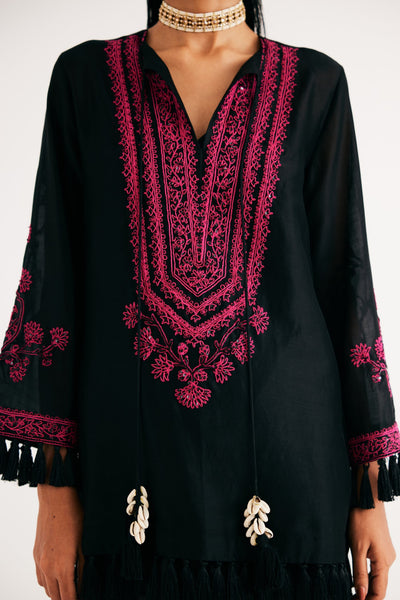 Black Silk Chanderi Embroidered kurta and Black Mashroo Parrot Print Pant, Black Mashroo Parrot Print Pant, Straight fit Ankle Length, Flared sleeves with tassels, Machine and Hand embroidered, Tassels details at sleeves, BeTrue, Be True