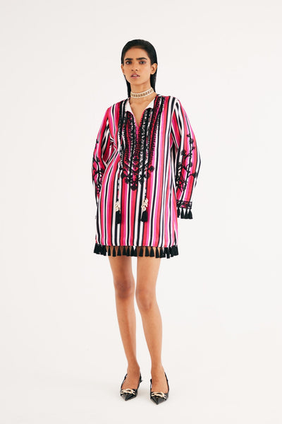 Rani pink Stripe Mashroo Satin Embroidered Tunic and Black Narrow Pants, Black Silk Velvet Narrow Pants, Mashru cotton satin fabric, Flared sleeves with tassels Hand embroidered with sequins, Tassle at sleeves, BeTrue, Be True