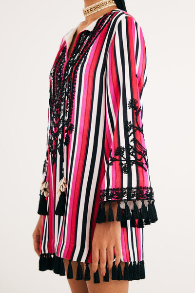 Rani pink Stripe Mashroo Satin Embroidered Tunic and Black Narrow Pants, Black Silk Velvet Narrow Pants, Mashru cotton satin fabric, Flared sleeves with tassels Hand embroidered with sequins, Tassle at sleeves, BeTrue, Be True
