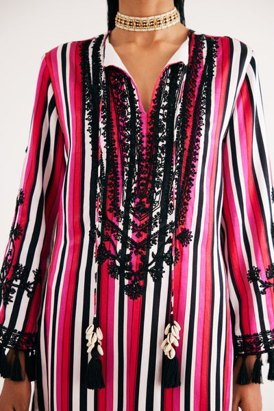 Rani pink Stripe Mashroo Satin Embroidered Tunic and Black Narrow Pants, Black Silk Velvet Narrow Pants, Mashru cotton satin fabric, Flared sleeves with tassels Hand embroidered with sequins, Tassle at sleeves, BeTrue, Be True