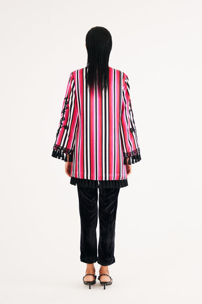Rani pink Stripe Mashroo Satin Embroidered Tunic and Black Narrow Pants, Black Silk Velvet Narrow Pants, Mashru cotton satin fabric, Flared sleeves with tassels Hand embroidered with sequins, Tassle at sleeves, BeTrue, Be True