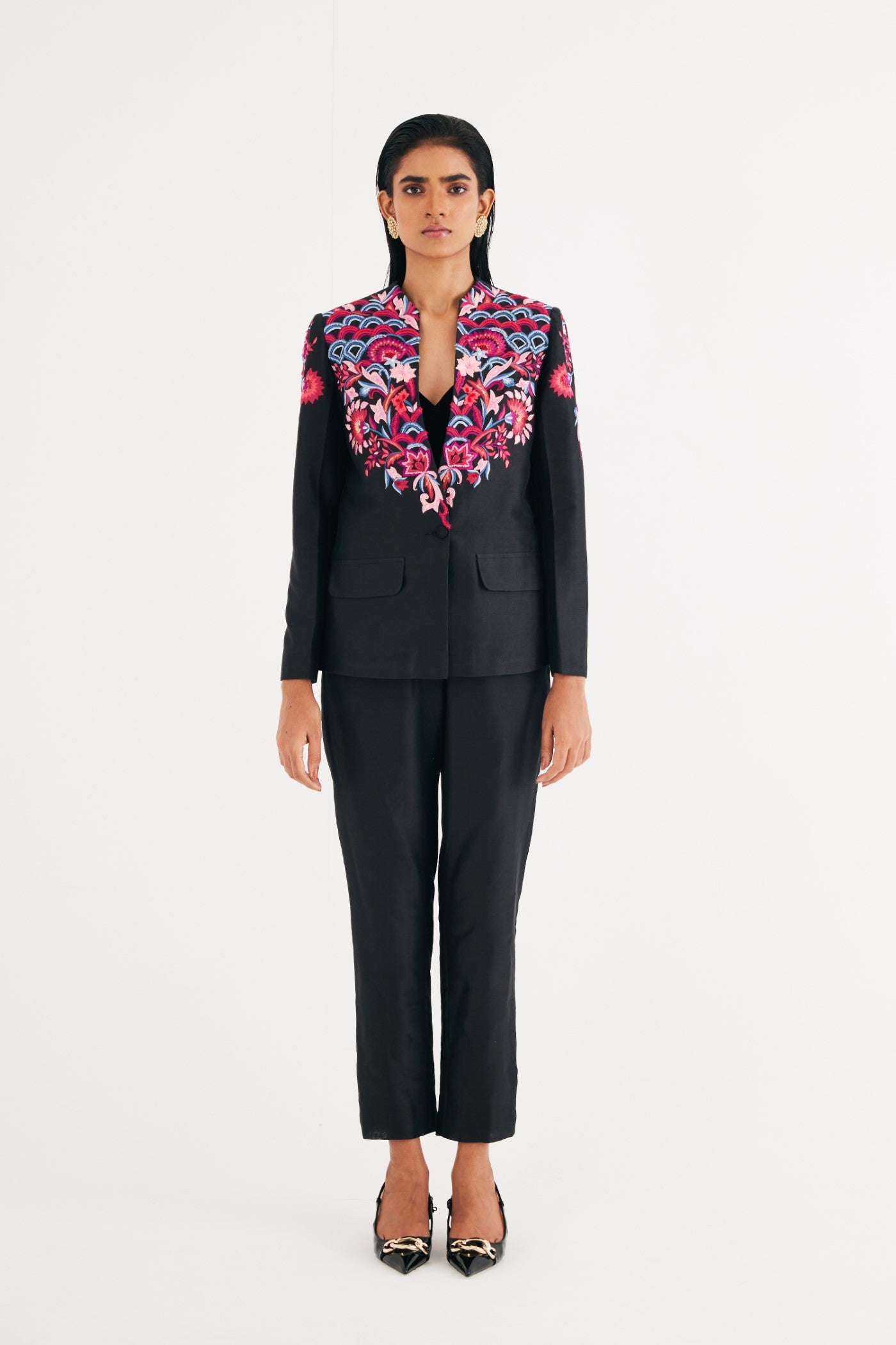 Black silk chanderi floral Embroidered Jacket