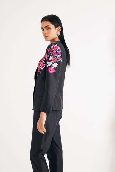 Black silk chanderi floral Embroidered Jacket