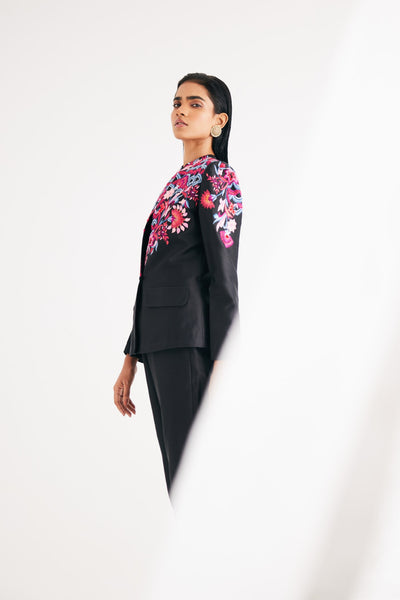 Black silk chanderi floral Embroidered Jacket