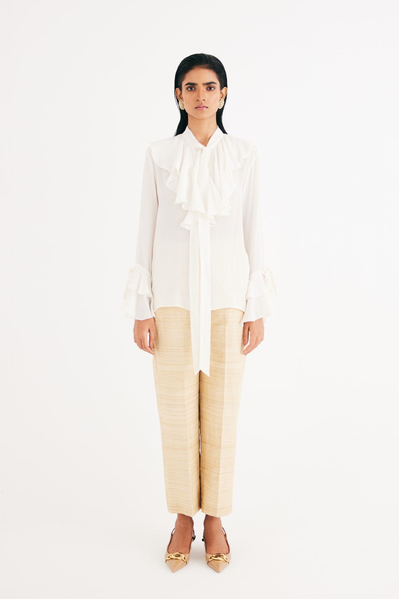 Cream Satin Silk Ruffle Shirt