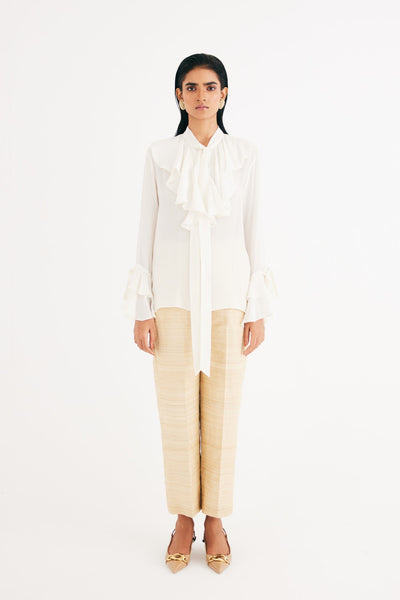 Cream Satin Silk Ruffle Shirt