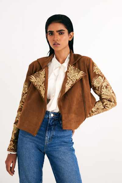 Brown Suede Embroidered Biker Jacket, Suede Lycra fabric, Hand and machine embroidered with Resham and sequins, BeTrue, Be True