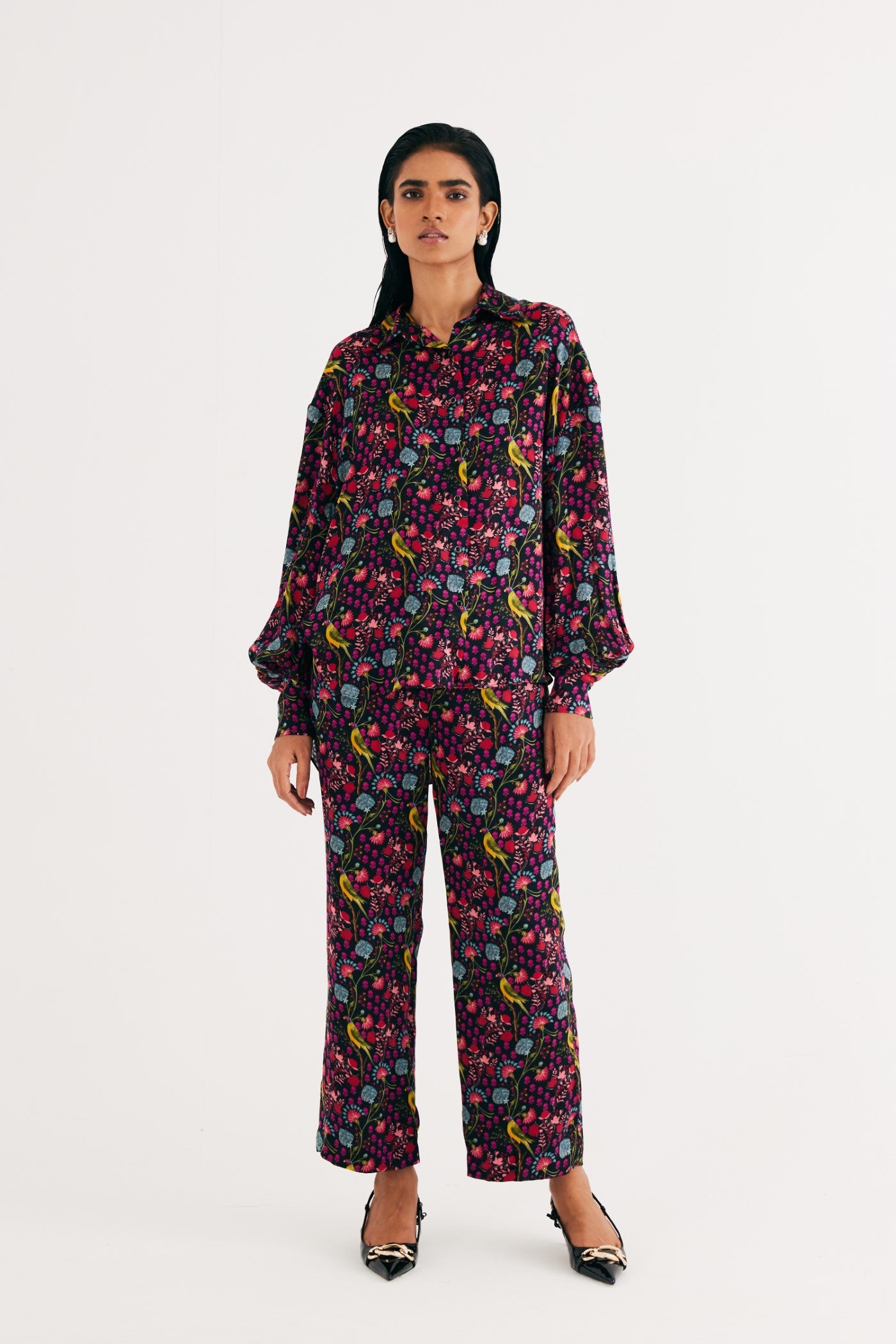 Black Parrot Print Satin Silk Shirt and Straight Pants, Black Parrot Print Satin Silk Shirt, Black Parrot Print Satin Silk Straight Pants, BeTrue, Be True