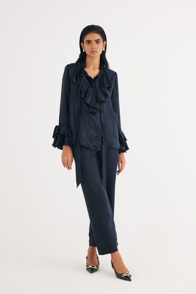 Black Satin Silk Ruffle Shirt and Straight Pants, Black Silk Satin Straight Pants, 100% Satin silk, Manderian collar style with extended tieup and Ruffles attached at neckline, BeTrue, Be True