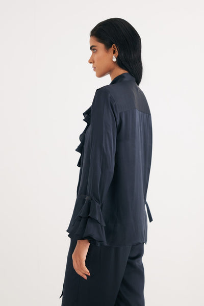 Black Satin Silk Ruffle Shirt and Straight Pants, Black Silk Satin Straight Pants, 100% Satin silk, Manderian collar style with extended tieup and Ruffles attached at neckline, BeTrue, Be True