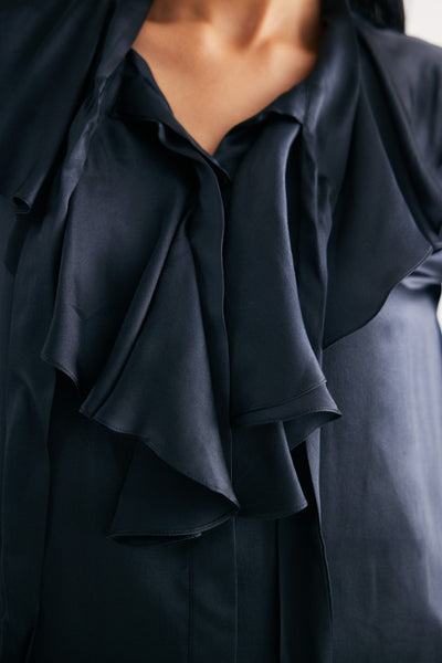 Black Satin Silk Ruffle Shirt and Straight Pants, Black Silk Satin Straight Pants, 100% Satin silk, Manderian collar style with extended tieup and Ruffles attached at neckline, BeTrue, Be True