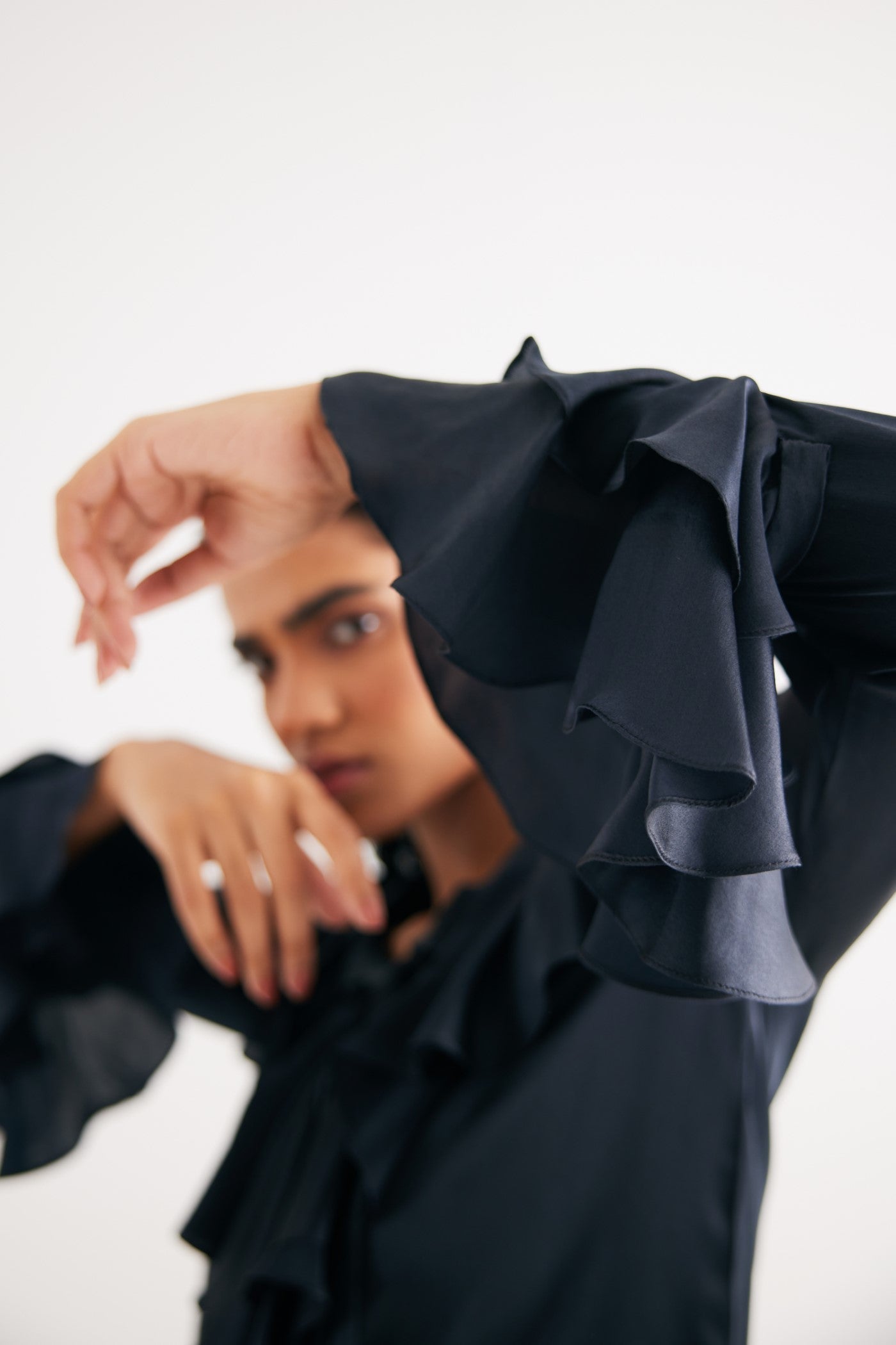 Black Satin Silk Ruffle Shirt and Straight Pants, Black Silk Satin Straight Pants, 100% Satin silk, Manderian collar style with extended tieup and Ruffles attached at neckline, BeTrue, Be True