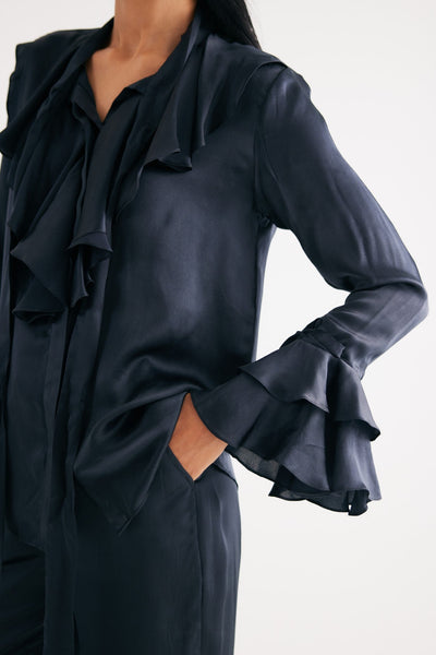 Black Satin Silk Ruffle Shirt and Straight Pants, Black Silk Satin Straight Pants, 100% Satin silk, Manderian collar style with extended tieup and Ruffles attached at neckline, BeTrue, Be True