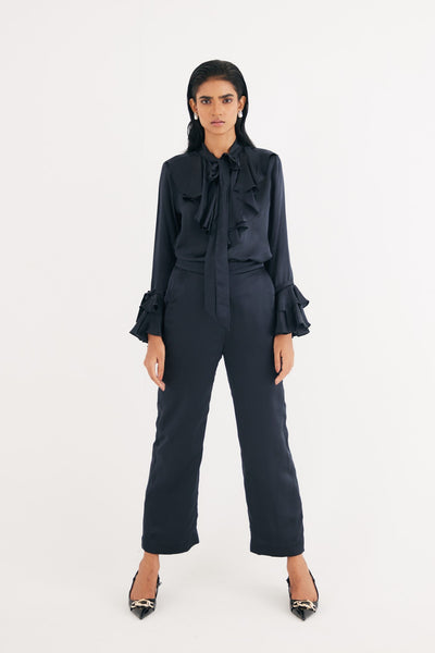 Black Satin Silk Ruffle Shirt and Straight Pants, Black Silk Satin Straight Pants, 100% Satin silk, Manderian collar style with extended tieup and Ruffles attached at neckline, BeTrue, Be True