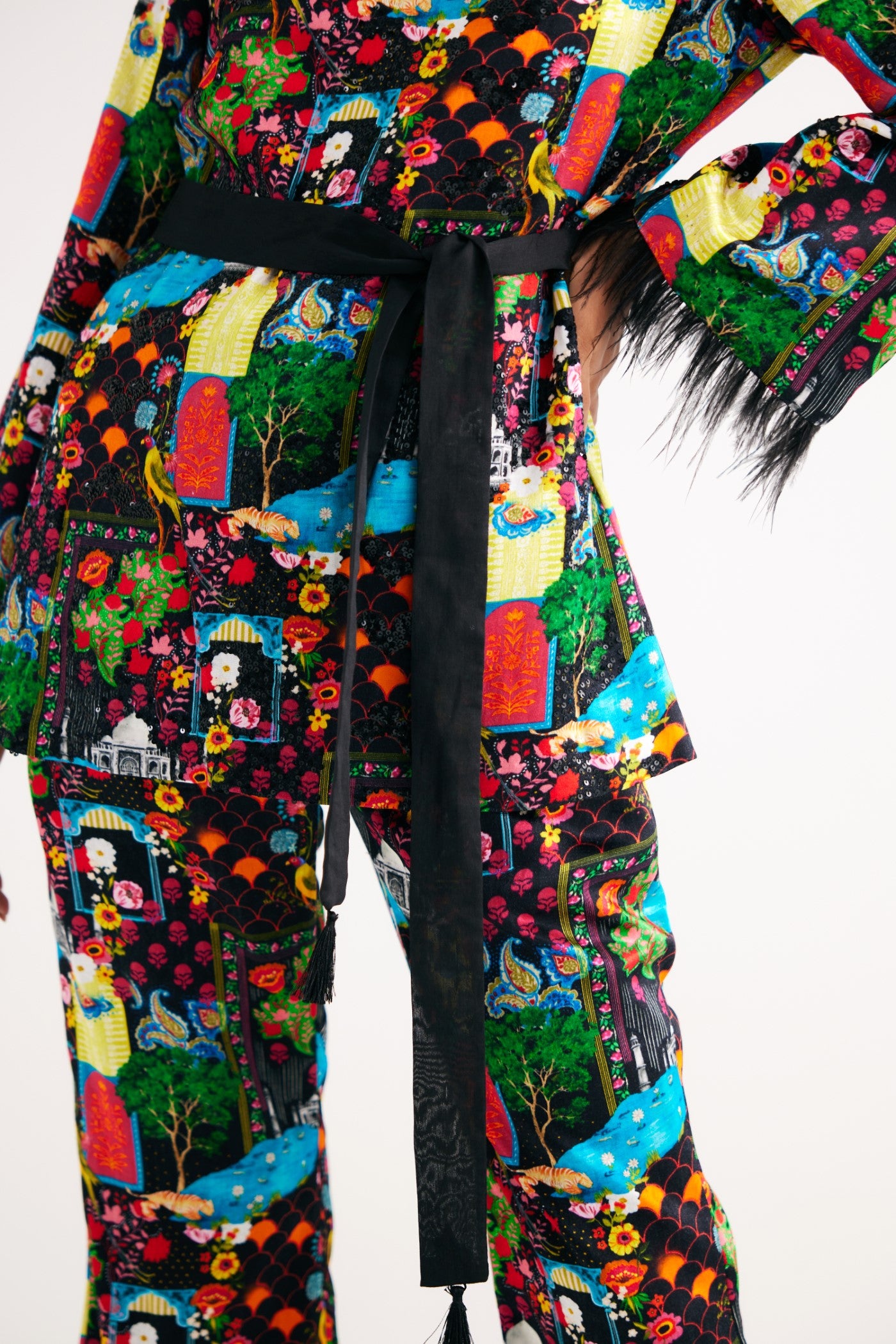 Black India Print Hand Embroidered kurta and Flared Pants, Black India Print Mushroo Cotton Satin Flared Pants, Hand embroidered with sequins, Flared sleeves with tassels, flared bottom style, BeTrue, Be True