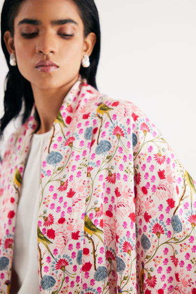 White Parrot Print Mashroo Satin Cape