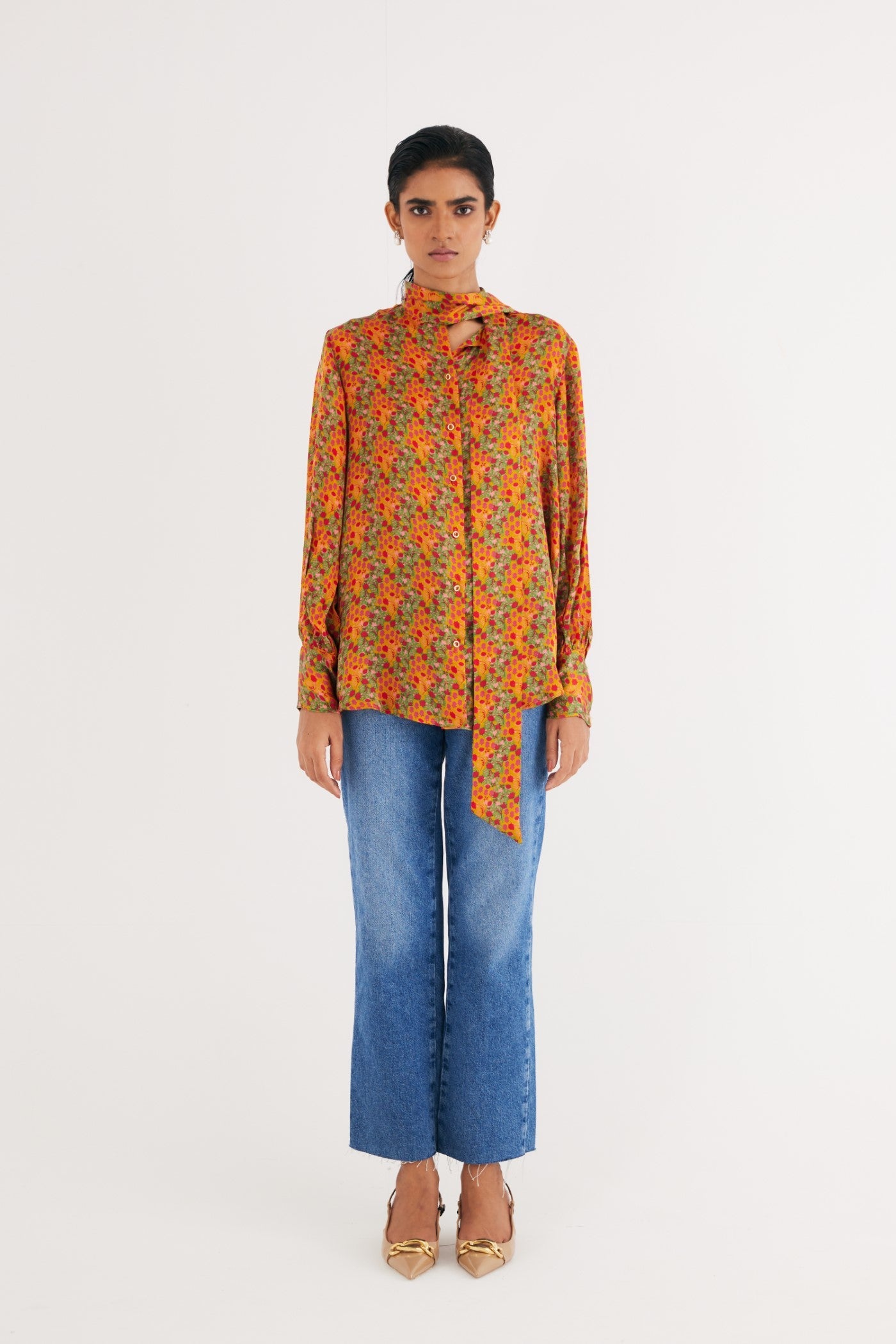 Indian Yellow Satin Silk Printed Shirt