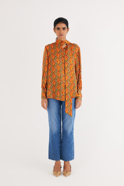 Indian Yellow Satin Silk Printed Shirt