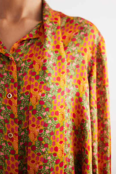 Indian Yellow Satin Silk Printed Shirt and Straight Pants, Indian Yellow Floral Print Satin Silk Straight Pants, Manderian collar style with extended tieup, BeTrue, Be True
