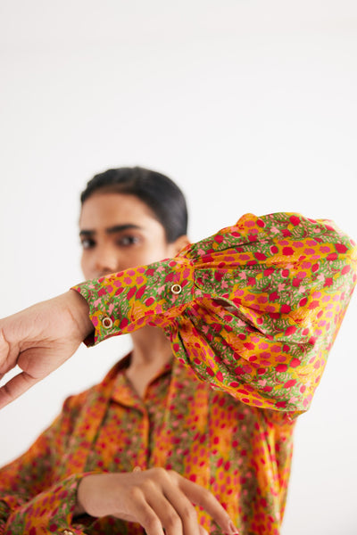 Indian Yellow Satin Silk Printed Shirt