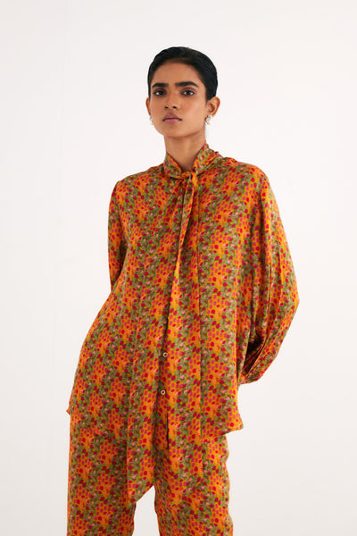Indian Yellow Satin Silk Printed Shirt