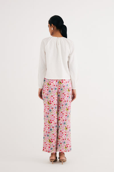 White Parrot Print Mashroo Satin Cape, Straight Pants and White Top, White Cotton SIlk Gathered Top, White Parrot Print Mashroo Satin Cape, Shawl Collar style, Straight bottom style, BeTrue, Be True