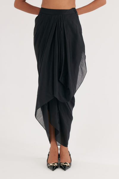 Black Silk Chanderi Embroidered kurta and Drape Skirt, Black Silk Chanderi Drape Skirt, Flared sleeves with tassels, Machine and Hand embroidered, Tassels details at sleeves, BeTrue, Be True