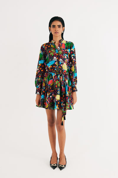 Black India Print Short Dress