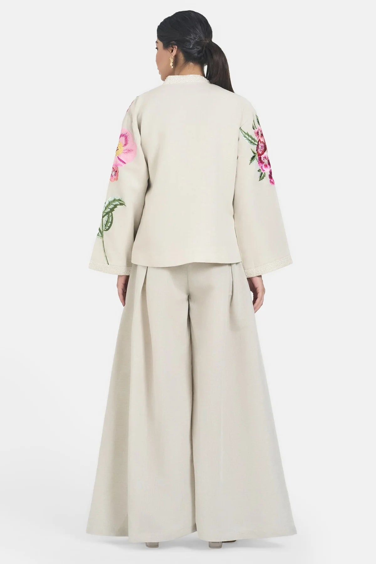 Beige LIinen Embroidery Floral Jacket Set