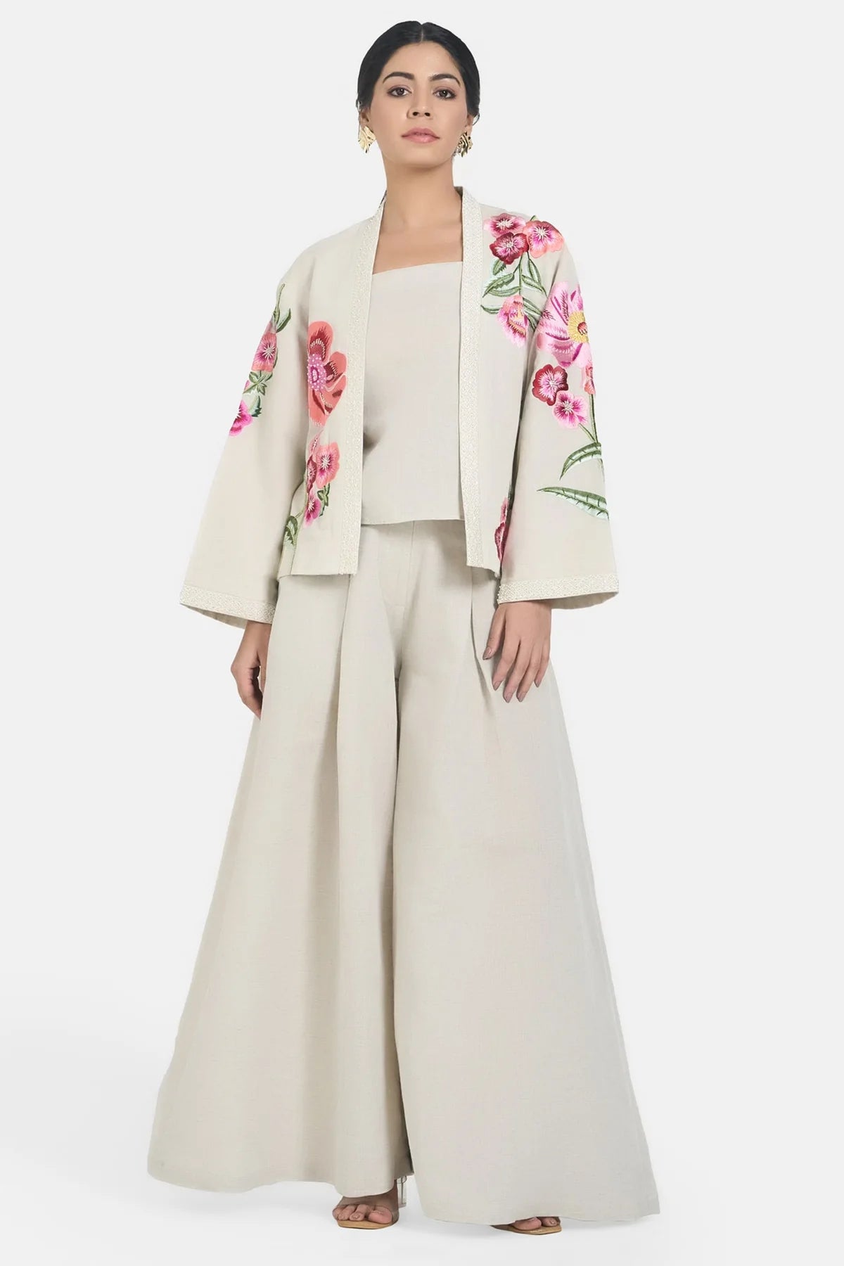 Beige LIinen Embroidery Floral Jacket Set