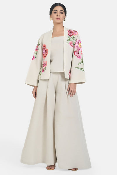 Beige Linen Embroidered Floral Jacket