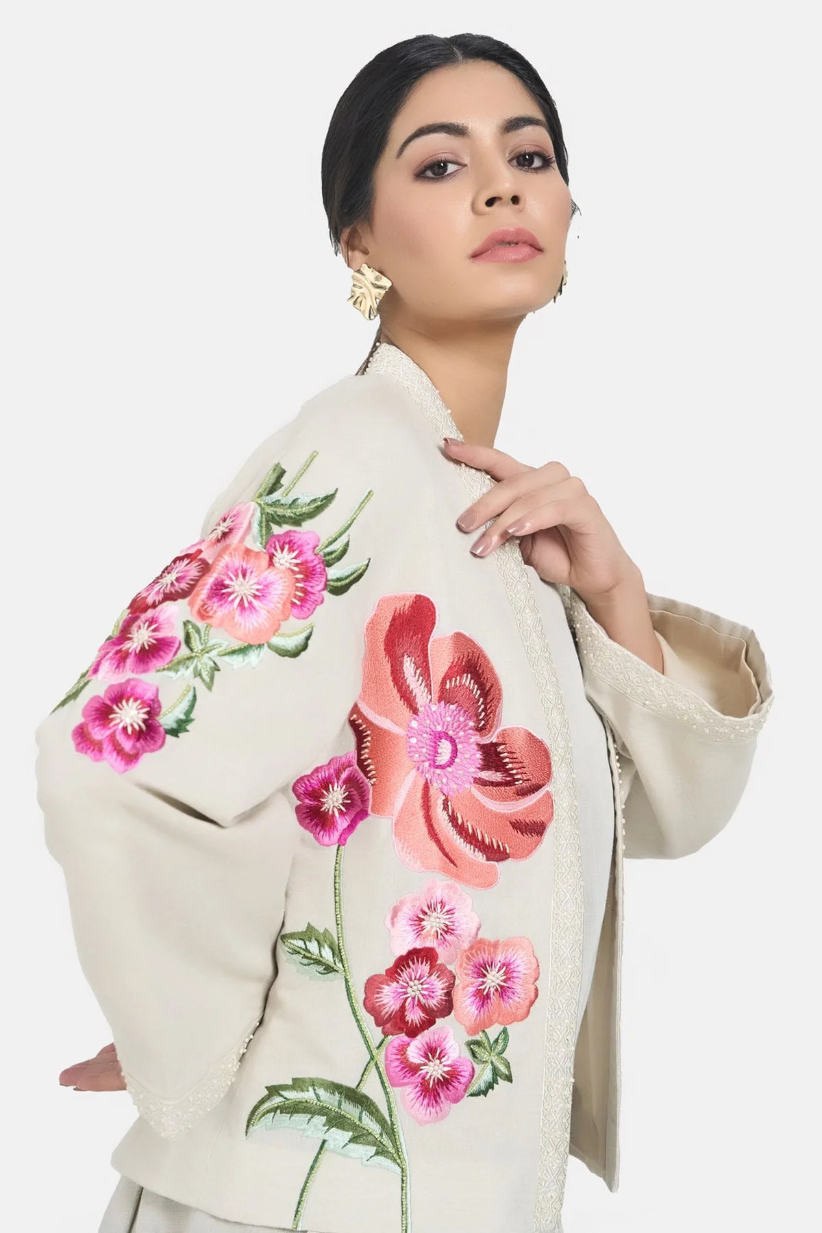 Beige LIinen Embroidery Floral Jacket Set