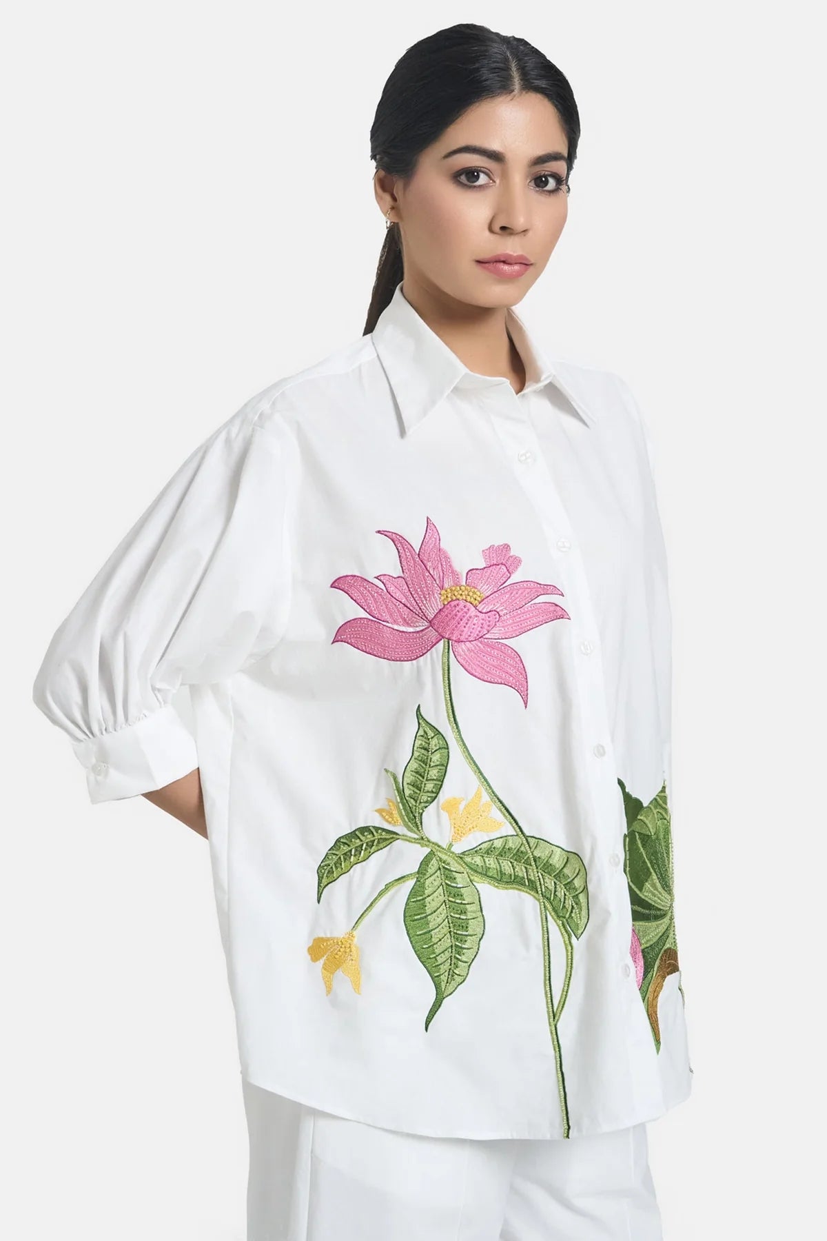 White Lotus Embroidered Oversized Shirt