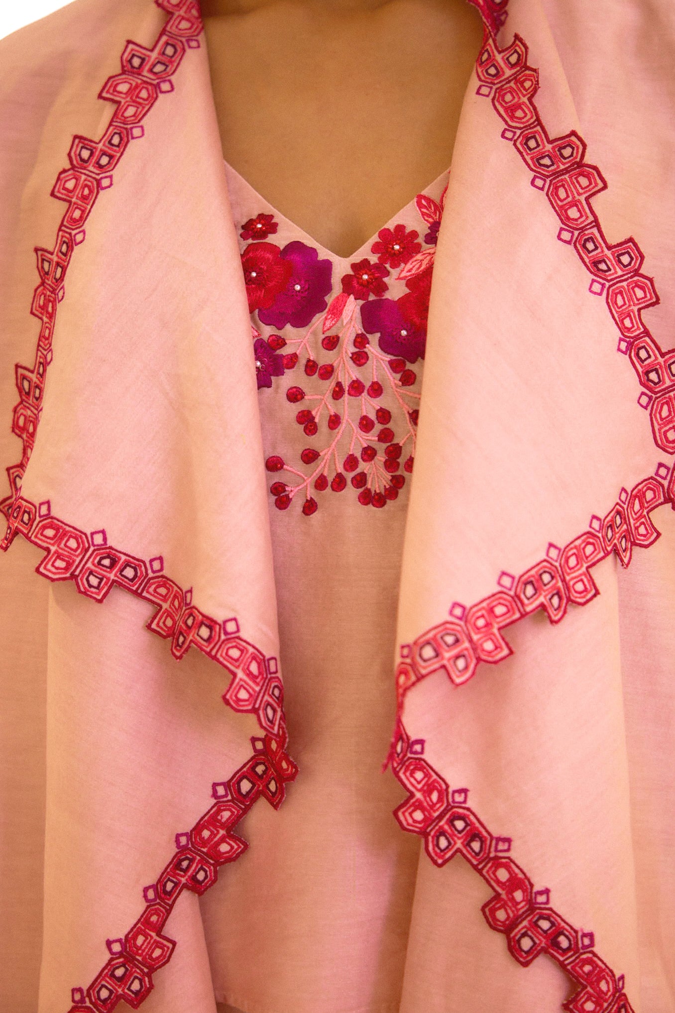 Peach Chanderi Embroidered Cape